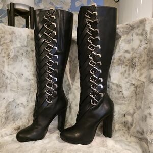 Christian Louboutin Black Leather High Heeled Boots with Silver Buckles EU 39